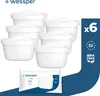 A group of white water filter cartridges are arranged on a white background, with a blue overlay on the right side containing text and icons, and a packaged filter at the bottom. Náhľad obrázku produktu