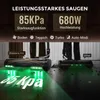 Close-up of two vacuum cleaner heads on a floor, with green light illuminating the floor and text overlays highlighting features. Produktbild-Vorschau