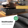 A collage showing a bed frame with storage and LED lighting, along with a close-up of the fabric and text overlays about its features. Náhled obrázku produktu