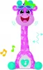 A pink plush giraffe toy with teal accents, wearing sunglasses and a green headband, with musical notes and wavy lines indicating movement and sound. Podgląd zdjęcia produktu