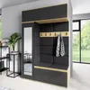A modern entryway with a dark gray and wood tone wardrobe unit, featuring a mirror, coat hooks, and a bench with storage. Produktbild-Vorschau