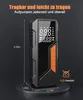A black and orange portable air pump is displayed on a dark gray circular stand against a dark background. Dimensions and weight are indicated with text and graphics. Produktbild-Vorschau