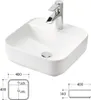 A white ceramic sink with a chrome faucet and technical drawings showing dimensions. Produktbild-Vorschau