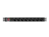 A black rack-mountable power strip with eight Schuko outlets and a red power switch, presented against a white background. Anteprima dell’immagine prodotto