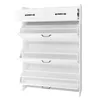 A white shoe cabinet with multiple shelves and two drawers. Produktbild-Vorschau