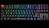 A top-down view of a backlit mechanical keyboard with a black base and colorful illuminated keys. Produktbild-Vorschau