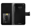 A black wallet-style phone case with a phone inside, shown open. Produktbild-Vorschau