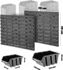 A display of workshop wall storage panels and bins with dimensions indicated. Podgląd zdjęcia produktu