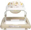 A baby walker with a dinosaur print fabric seat, shown from the front on a white background. Produktbild-Vorschau