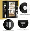 A black bathroom cabinet with a mirror and shelves, shown with close-ups of its features. Náhľad obrázku produktu