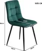 A green velvet chair with dimensions indicated by measurement lines and text. Produktbild-Vorschau