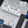 A white power strip with multiple outlets and USB ports is shown, connected to various electronic devices like smartphones and a laptop. Produktbild-Vorschau