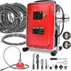 A collection of drain cleaning equipment, including a red electric drain cleaning machine, various auger heads, and coiled drain snakes, laid out on a white background.