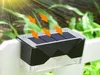 A solar-powered garden light is mounted on a white fence, with green foliage in the background and sun rays depicted as orange arrows pointing towards the solar panel. Podgląd zdjęcia produktu