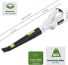 A white and black cordless leaf blower with measurement indicators and feature callouts. Produktbild-Vorschau