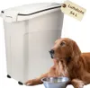 A cream-colored pet food storage bin with a tag and a golden retriever dog lying next to it with a food bowl. Produktbild-Vorschau
