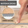 A close-up view of a yoga mat showing its thickness and material, with a finger pressing into it to demonstrate its cushioning. Text overlays highlight features. Produktbild-Vorschau