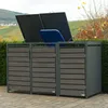 A set of three outdoor trash bins with wooden-look doors, set against a backdrop of rolling hills and trees in autumn. Produktbild-Vorschau