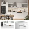 A collage of images showing a modern white high-gloss kitchen unit with appliances and a dining table. Náhled obrázku produktu