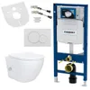 A collection of bathroom fixtures and installation components, including a wall-hung toilet, a concealed cistern frame, a flush plate, and mounting hardware, arranged against a white background. Produktbild-Vorschau
