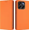 A product image showing an orange leather phone case with a camera cutout. Produktbild-Vorschau
