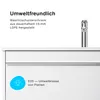 A close-up of a white bathroom cabinet with text and a faucet. Produktbild-Vorschau