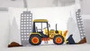 A pillow with a construction vehicle and city skyline design. Produktbild-Vorschau