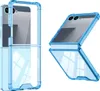 Two views of a transparent blue phone case for a foldable phone, displayed on a white background. Produktbild-Vorschau