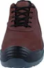 A close-up, front-facing view of a brown work shoe with black laces and a black protective toe cap. Produktbild-Vorschau