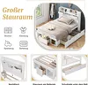 A collage of images showcasing a white bed frame with storage, highlighting its features and potential uses. Podgląd zdjęcia produktu