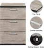 A collage showcasing a wooden filing cabinet with detailed close-ups of its top panel, drawer handles, and rolling drawer slides. Produktbild-Vorschau