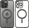 Two iPhone cases are shown side-by-side against a white background. The case on the left is a smoky titan black color, and the case on the right is clear. Both cases feature a circular MagSafe ring and a vertical indicator below it. The Apple logo is visib Produktbild-Vorschau