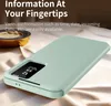 A light green flip case for a smartphone is shown on a textured surface, with text overlay describing its features. Náhled obrázku produktu
