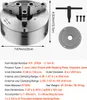 A product shot of a 3-jaw lathe chuck with accompanying accessories and a detailed specification chart. Produktbild-Vorschau