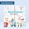 A marketing image showing two sides of an advent calendar with illustrations of animals and holiday-themed decorations. Produktbild-Vorschau