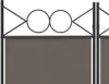 A close-up view of a brown fabric screen with a black metal frame, featuring decorative circles and diamond shapes at the top. Náhled obrázku produktu