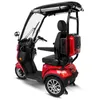 A red three-wheeled electric scooter with a canopy and a storage box at the back, shown against a white background. Produktbild-Vorschau