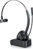 A black wireless headset with a microphone and charging station, presented against a white background. Produktbild-Vorschau