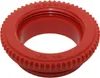 A red plastic fitting with text on it, isolated on a white background. Produktbild-Vorschau