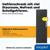 A black refrigerator with an energy efficiency label and marketing text. Produktbild-Vorschau