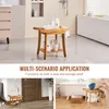 Collage of a wooden shower bench in different bathroom settings, with text overlay. Podgląd zdjęcia produktu