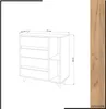 A line drawing of a chest of drawers with dimensions indicated, next to a sample of wood grain. Produktbild-Vorschau