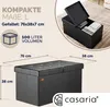 A collage showing a black storage ottoman with dimensions and capacity indicated by text and diagrams. One image shows the ottoman open with books inside, and another shows the ottoman closed with measurements. Produktbild-Vorschau