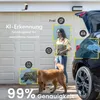 A security camera is shown mounted on a garage door, with icons and text indicating its AI detection capabilities for vehicles, people, and pets. A woman carrying a package and a dog are also depicted. Náhled obrázku produktu