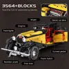 A detailed marketing image of a yellow and black building block model of a vintage car, with various parts labeled. Náhľad obrázku produktu