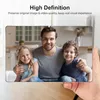 A hand holding a tablet displaying a family photo, with marketing text above. Produktbild-Vorschau