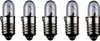 Five small light bulbs with screw bases are lined up against a white background. Produktbild-Vorschau