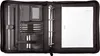 An open black leather ring binder folder with various compartments and items inside. Náhled obrázku produktu