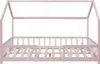 A pink and white house-shaped bed frame with a slatted base, shown from the front. Náhľad obrázku produktu