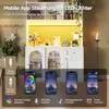A collage showcasing a white cabinet with yellow LED lighting, displaying various items like jars, appliances, and decorative flowers. The collage also includes smartphone screens displaying app interfaces for controlling LED lights, and icons representing Náhľad obrázku produktu